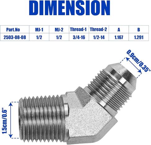 2503-08-08 Hydraulic Pipe Fitting Replacement 1/2" Male JIC X 1/2" Male Pipe 45 Degree Elbow Adapter Carbon Steel, 3/4"-16 SAE x 1/2"-14 NPTF Thread, 1/2" Male JIC x 1/2" Male NPTF, 0.875" Flats in Saudi Arabia