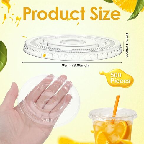 SHENLIU 500 Pcs Clear Flat PET Plastic Lids with Straw Slot, 98mm Disposable Transparent Cup Lids Fits 16, 20, 24 oz Cups for Iced Coffee Milkshake Ice Cream Office in Saudi Arabia