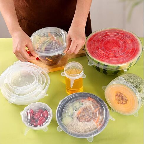 6-Piece Silicone Food Lids Flexible Stretchable Bowl Covers for Airtight Freshness, Microwave Dishwasher Safe (Clear Round) in Saudi Arabia