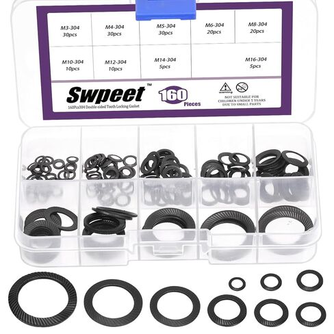 Swpeet 160Pcs Black M3 M4 M5 M6 M8 M10 M12 M14 M16 Mn Steel Double Side Tooth Lock Washer Assortment Kit, Tooth Locking Washer Gasket Double Serrated Spring Locking WasherFlat in Saudi Arabia