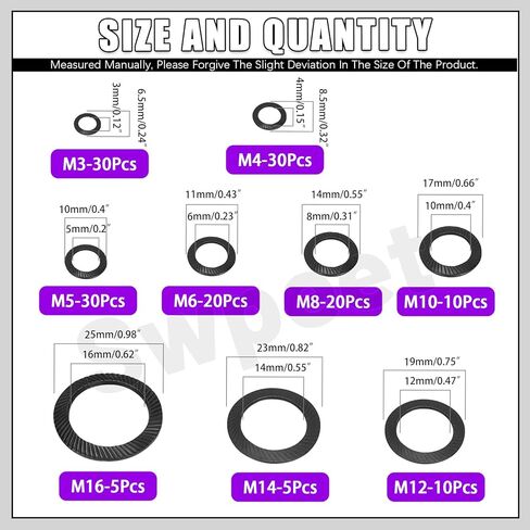 Swpeet 160Pcs Black M3 M4 M5 M6 M8 M10 M12 M14 M16 Mn Steel Double Side Tooth Lock Washer Assortment Kit, Tooth Locking Washer Gasket Double Serrated Spring Locking WasherFlat in Saudi Arabia