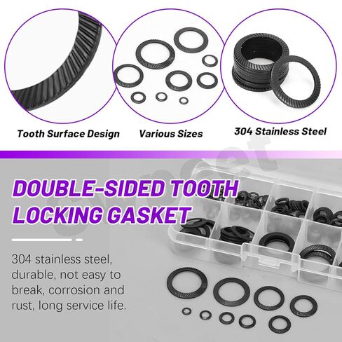 Swpeet 160Pcs Black M3 M4 M5 M6 M8 M10 M12 M14 M16 Mn Steel Double Side Tooth Lock Washer Assortment Kit, Tooth Locking Washer Gasket Double Serrated Spring Locking WasherFlat in Saudi Arabia