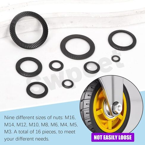 Swpeet 160Pcs Black M3 M4 M5 M6 M8 M10 M12 M14 M16 Mn Steel Double Side Tooth Lock Washer Assortment Kit, Tooth Locking Washer Gasket Double Serrated Spring Locking WasherFlat in Saudi Arabia