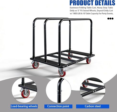 Folding Table Cart, Heavy Duty Table Dolly with 5" PU Swivel Wheels, 1800 LBS Capacity Drywall Trolley, 10 Table Load for Party Events, Hotel, Warehouse, Factory, Moving Panels, Drywall, Boxes in Saudi Arabia
