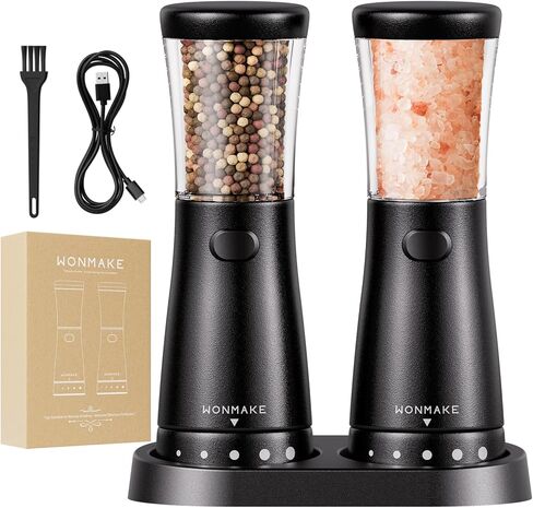 Electric Salt and Pepper Grinder Set with 4.5oz Large Capacity, Stainless Steel Rechargeable Salt and Pepper Grinder with 1.8" Wide Mouth, Storage Base,Adjustable Coarseness, and One-Hand Operation in Saudi Arabia