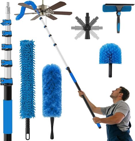 25FT Reach High Ceiling Duster Kits with 5-20FT Adjustable Pole - Includes Extra Long Duster, High Ceiling Duster, Rotatable Window Squeegee & Cobweb Duster for Ceiling Fans and Whole House Cleaning in Saudi Arabia