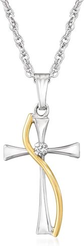 Sterling Silver and 14kt Yellow Gold Cross Pendant Necklace With Single Diamond in Saudi Arabia