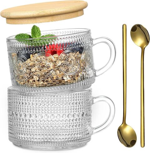 4pcs Set Vintage Coffee Mugs gifts for women, Overnight Oats Containers with Bamboo Lids and Spoons - 14oz Clear Embossed Glass Cups, Cute Coffee Bar Accessories, Iced Coffee Glasses in Kuwait