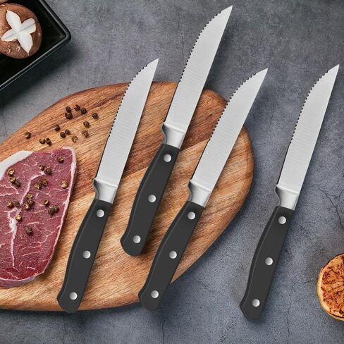 Amazon Basics 8-Piece Full Tang Stainless Steel Serrated Steak Knife Set, 4.5", Black in Saudi Arabia