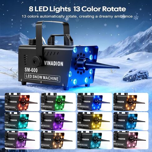 Upgraded Snow Maker Machine Outdoor Industrial 600W Snowflake Machine with Wireless Remote Control 8 LED 13 Color Light Effect Stage Snow Machines for DJ Party, Wedding,Christmas Decoration in Saudi Arabia