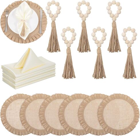 18 قطعة من مفارش الخيش الطبيعية المستديرة، حلقات منديل خشبية مع مناديل العشاء القماشية، مجموعة مفارش الجوت المقاومة للحرارة لتزيين طاولة الطعام في الزفاف in Kuwait