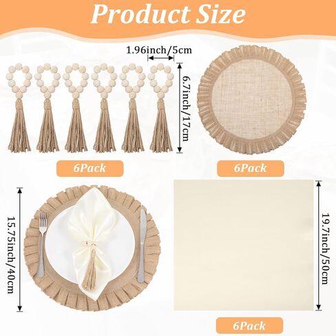 18 قطعة من مفارش الخيش الطبيعية المستديرة، حلقات منديل خشبية مع مناديل العشاء القماشية، مجموعة مفارش الجوت المقاومة للحرارة لتزيين طاولة الطعام في الزفاف in Kuwait