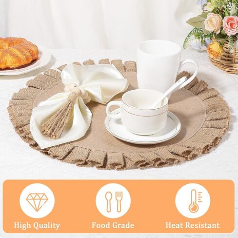 18 قطعة من مفارش الخيش الطبيعية المستديرة، حلقات منديل خشبية مع مناديل العشاء القماشية، مجموعة مفارش الجوت المقاومة للحرارة لتزيين طاولة الطعام في الزفاف in Kuwait