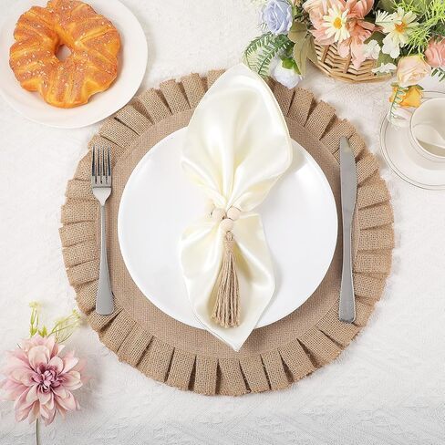 18 قطعة من مفارش الخيش الطبيعية المستديرة، حلقات منديل خشبية مع مناديل العشاء القماشية، مجموعة مفارش الجوت المقاومة للحرارة لتزيين طاولة الطعام في الزفاف in Kuwait