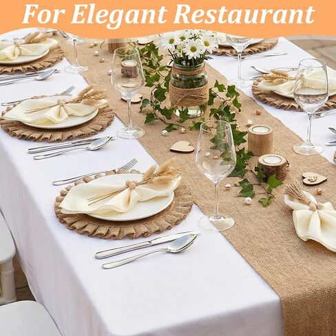 18 قطعة من مفارش الخيش الطبيعية المستديرة، حلقات منديل خشبية مع مناديل العشاء القماشية، مجموعة مفارش الجوت المقاومة للحرارة لتزيين طاولة الطعام في الزفاف in Kuwait