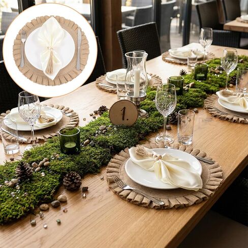 18 قطعة من مفارش الخيش الطبيعية المستديرة، حلقات منديل خشبية مع مناديل العشاء القماشية، مجموعة مفارش الجوت المقاومة للحرارة لتزيين طاولة الطعام في الزفاف in Kuwait