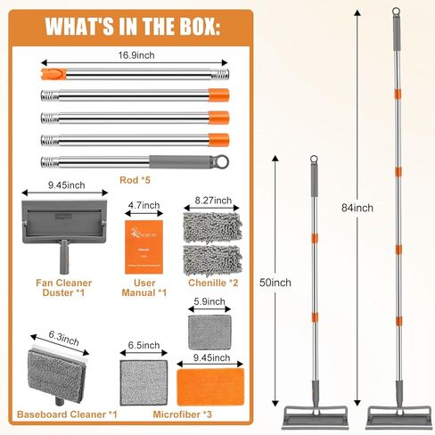 CALBEAU Ceiling Fan Cleaner Duster with 84'' Extension Pole, Baseboard Cleaner Tool with Handle, Reusable Chenille & Microfiber Pads for Dusting Ceiling Fan Baseboard Wall Window Floor in Kuwait