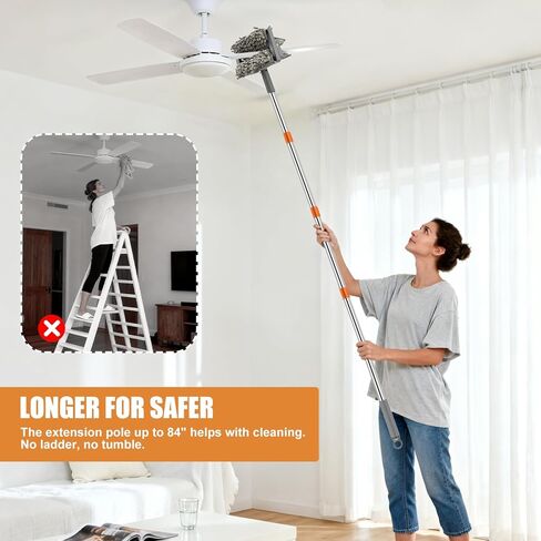 CALBEAU Ceiling Fan Cleaner Duster with 84'' Extension Pole, Baseboard Cleaner Tool with Handle, Reusable Chenille & Microfiber Pads for Dusting Ceiling Fan Baseboard Wall Window Floor in Kuwait