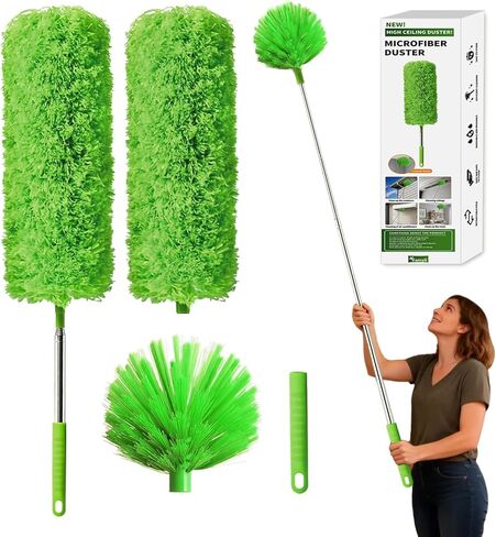 Cobweb Duster with Extension Pole, Washable Cleaning Duster Kit with 3 Duster Heads, Cobweb Duster, Corner Brush, Aluminum Telescoping Pole for high Ceiling Fan，Spider Web Brush with Extension Pole in Saudi Arabia