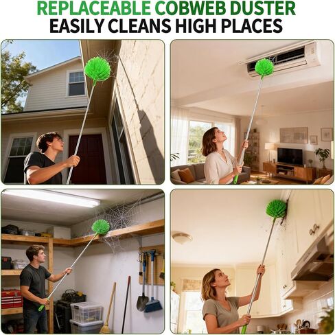Cobweb Duster with Extension Pole, Washable Cleaning Duster Kit with 3 Duster Heads, Cobweb Duster, Corner Brush, Aluminum Telescoping Pole for high Ceiling Fan，Spider Web Brush with Extension Pole in Saudi Arabia
