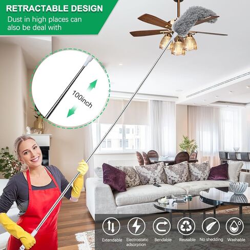 منفضة ريش من الألياف الدقيقة بطول 100 بوصة، منفضة أقطاب قابلة للتمديد، منفضة غبار من نسيج العنكبوت للتنظيف، رأس من الألياف الدقيقة قابل للانحناء والغسل، منظف للأسقف العالية، المروحة، الأثاث in Kuwait