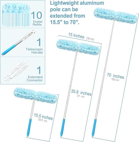 منفضة جيهون مع عمود تمديد بطول 6 أقدام، 10 عبوات متوافقة مع مقبض سويفر فائق القابل للتمديد، مجموعة أدوات بدء تشغيل عصا الغبار شديدة التحمل لتنظيف أرفف مروحة السقف العالية، وستائر النوافذ in Kuwait