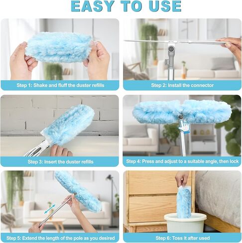 منفضة جيهون مع عمود تمديد بطول 6 أقدام، 10 عبوات متوافقة مع مقبض سويفر فائق القابل للتمديد، مجموعة أدوات بدء تشغيل عصا الغبار شديدة التحمل لتنظيف أرفف مروحة السقف العالية، وستائر النوافذ in Kuwait