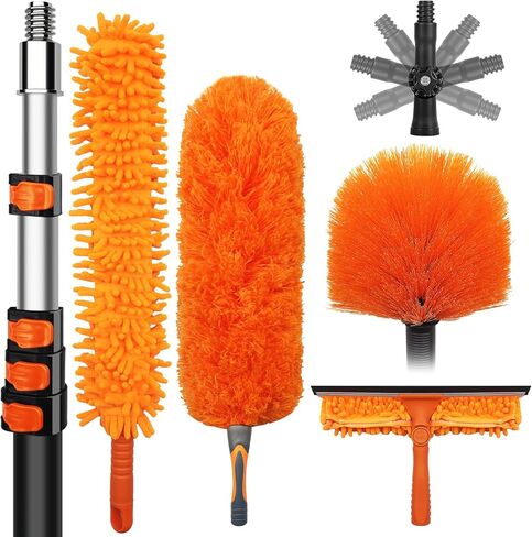 DALTACK 28 Foot High Dusters Kit for Cleaning with 5-20 Foot Heavy Duty Extension Pole, Extendable Reusable Cobweb, Feather, Ceiling Fan Cleaner Duster, Window Squeegee Kit in Kuwait