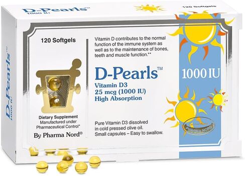 Pharma Nord D-Pearls 1000 وحدة دولية (25 ميكروغرام) فيتامين D3 عالي الامتصاص - دعم يومي للمناعة والعظام والعضلات، كبسولات هلامية صغيرة سهلة البلع في زيت الزيتون العضوي، غير معدلة وراثيًا، خالية من الغلوتين، 120 قطعة in Kuwait