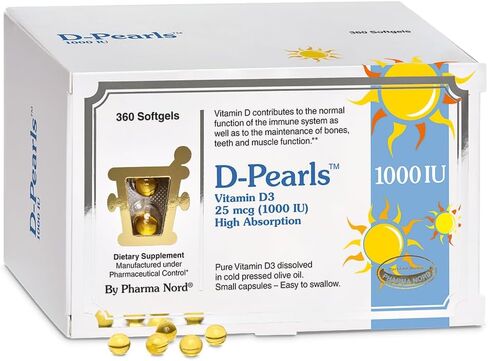 Pharma Nord D-Pearls 1000 وحدة دولية (25 ميكروغرام) فيتامين D3 عالي الامتصاص - دعم يومي للمناعة والعظام والعضلات، كبسولات هلامية صغيرة سهلة البلع في زيت الزيتون العضوي، غير معدلة وراثيًا، خالية من الغلوتين، 120 قطعة in Kuwait