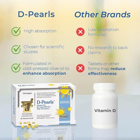 Pharma Nord D-Pearls 1000 وحدة دولية (25 ميكروغرام) فيتامين D3 عالي الامتصاص - دعم يومي للمناعة والعظام والعضلات، كبسولات هلامية صغيرة سهلة البلع في زيت الزيتون العضوي، غير معدلة وراثيًا، خالية من الغلوتين، 120 قطعة in Kuwait