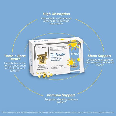 Pharma Nord D-Pearls 1000 وحدة دولية (25 ميكروغرام) فيتامين D3 عالي الامتصاص - دعم يومي للمناعة والعظام والعضلات، كبسولات هلامية صغيرة سهلة البلع في زيت الزيتون العضوي، غير معدلة وراثيًا، خالية من الغلوتين، 120 قطعة in Kuwait