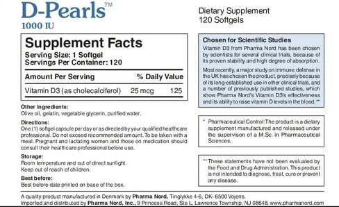 Pharma Nord D-Pearls 1000 وحدة دولية (25 ميكروغرام) فيتامين D3 عالي الامتصاص - دعم يومي للمناعة والعظام والعضلات، كبسولات هلامية صغيرة سهلة البلع في زيت الزيتون العضوي، غير معدلة وراثيًا، خالية من الغلوتين، 120 قطعة in Kuwait