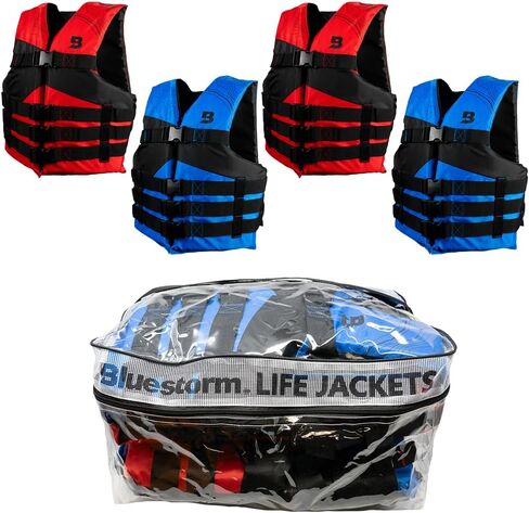 سترة نجاة للقوارب العامة للرياضات المائية ذات 4 إبزيم من Bluestorm® للبالغين | سترة نجاة من الإسفنج العالمي معتمدة من خفر السواحل الأمريكي (USCG) من النوع 3 (PFD)، 4 قطع باللون الأحمر/الأزرق مع حقيبة، عالمية للبالغين in Kuwait