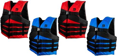 سترة نجاة للقوارب العامة للرياضات المائية ذات 4 إبزيم من Bluestorm® للبالغين | سترة نجاة من الإسفنج العالمي معتمدة من خفر السواحل الأمريكي (USCG) من النوع 3 (PFD)، 4 قطع باللون الأحمر/الأزرق مع حقيبة، عالمية للبالغين in Kuwait
