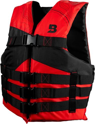 سترة نجاة للقوارب العامة للرياضات المائية ذات 4 إبزيم من Bluestorm® للبالغين | سترة نجاة من الإسفنج العالمي معتمدة من خفر السواحل الأمريكي (USCG) من النوع 3 (PFD)، 4 قطع باللون الأحمر/الأزرق مع حقيبة، عالمية للبالغين in Kuwait