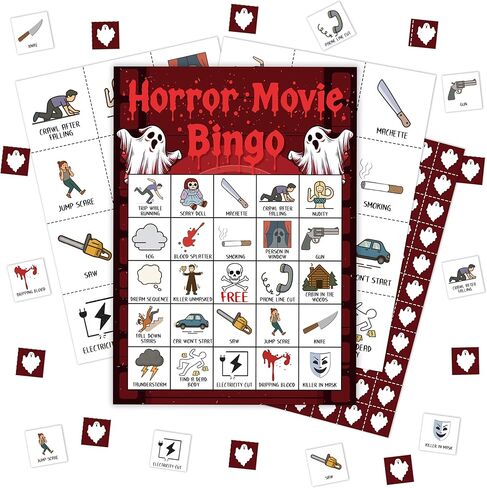 Horror Movie Bingo Game, Movie Theme Party Games, Large Group Family Activities Favors Supplies Decorations, Halloween Party Game Cards for Adults, 24 Players Bingo Games,13 in Kuwait