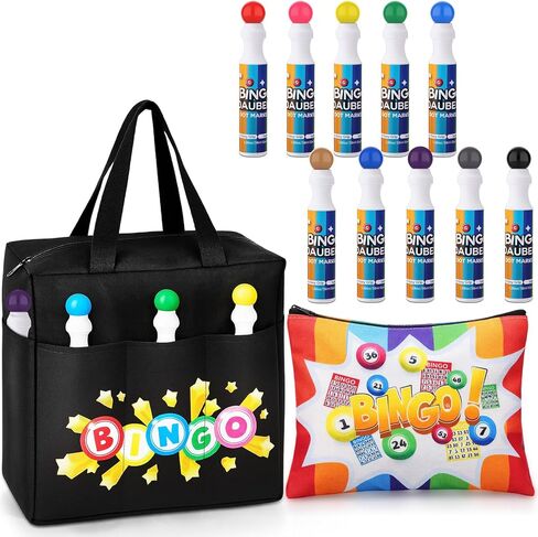 Crtiin 12 Pcs Bingo Game Gifts for Women Bingo Dauber Bag with 10 Pcs 1.28 oz Mixed Colors Dot Markers in 10 Colors Makeup Bag with Zipper Accessories Tote Gifts Game Suitable for Women and Girls in Saudi Arabia