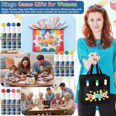 Crtiin 12 Pcs Bingo Game Gifts for Women Bingo Dauber Bag with 10 Pcs 1.28 oz Mixed Colors Dot Markers in 10 Colors Makeup Bag with Zipper Accessories Tote Gifts Game Suitable for Women and Girls in Saudi Arabia