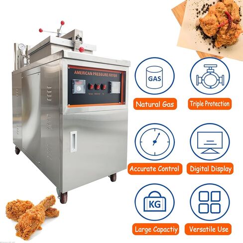 Commercial Natural Gas Deep Fryer CNC High-Pressure Chicken Fryer with 0-99 Min Timer & 20-250°C Temp Control 55LBS/H Output Stainless Steel Fried Chicken Stove for Restaurants Fast Food in Kuwait
