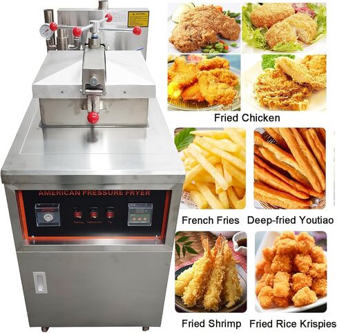 Commercial Natural Gas Deep Fryer CNC High-Pressure Chicken Fryer with 0-99 Min Timer & 20-250°C Temp Control 55LBS/H Output Stainless Steel Fried Chicken Stove for Restaurants Fast Food in Kuwait