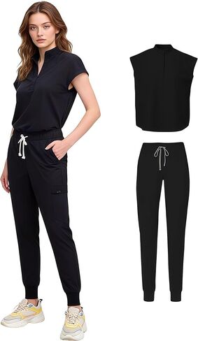 Women's Scrubs Set:Slim Fit Jogger Pant and Mandarin Collar Tuck-in Top,Unisex Easy Care Uniform for Doctors,Nurses in Kuwait
