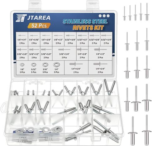16 أحجام الفولاذ المقاوم للصدأ البوب ​​المسامير 1/8 بوصة 5/32 بوصة 3/16 بوصة 1/4 بوصة برشام أعمى مجموعة متنوعة مع غسالات in Kuwait