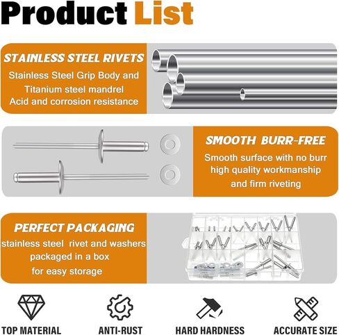 16 أحجام الفولاذ المقاوم للصدأ البوب ​​المسامير 1/8 بوصة 5/32 بوصة 3/16 بوصة 1/4 بوصة برشام أعمى مجموعة متنوعة مع غسالات in Kuwait