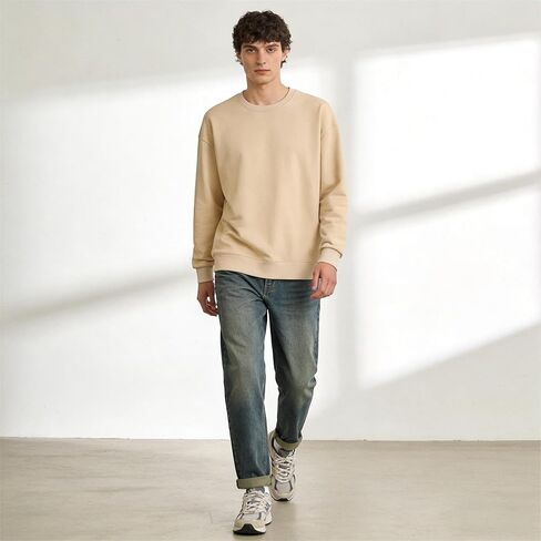 Men's Crew Neck Pullover Sweatshirt Relaxed Long Sleeve Casual Top Soft Breathable Fabric Ribbed Cuffs Hem Smooth Silhouette in Saudi Arabia