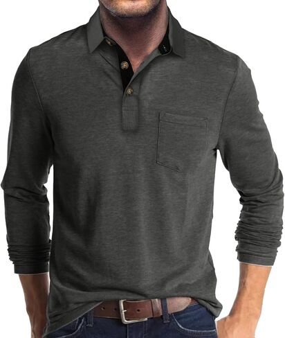 Men’s Button Polo Sweatshirt with Placket Smart Casual Business Top Long Sleeve Office Ready Fall Winter Layering Sweatshirt in Saudi Arabia
