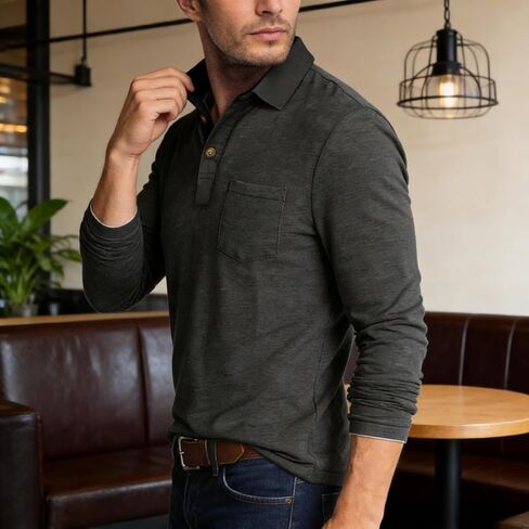 Men’s Button Polo Sweatshirt with Placket Smart Casual Business Top Long Sleeve Office Ready Fall Winter Layering Sweatshirt in Saudi Arabia