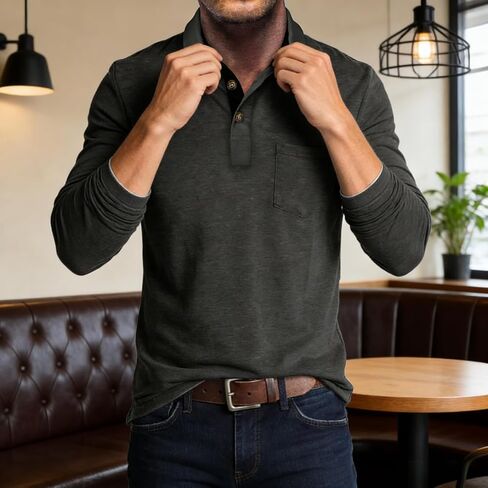 Men’s Button Polo Sweatshirt with Placket Smart Casual Business Top Long Sleeve Office Ready Fall Winter Layering Sweatshirt in Saudi Arabia