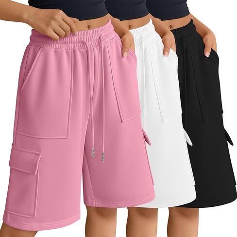 Ficerd 3 حزمة شورت برمودا نسائي واسع الساق فضفاض رياضي البضائع SweatShorts اليوغا عادية طول الركبة السراويل مع جيوب in Saudi Arabia