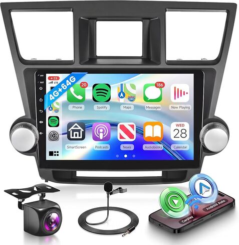 4G+64G CAR Radio To Toyota Highlander 2008-2013 with Carplay Android Auto ، 10.1 بوصة شاشة تعمل بالسيارة Android مع GPS Navigation WiFi SWC Bluetooth FM RDS 32EQ كاميرا احتياطية in Kuwait